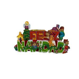 Vtg 90s Hand Painted Chalkware Candle Holder Christmas Feliz Navidad Children